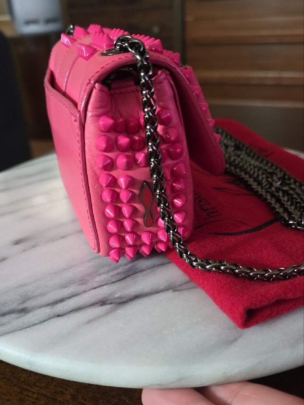 Christian Louboutin "Sweet Charity" Hot Pink Spike-Trim Bow Crossbody Bag 💖 - Picture 8 of 17
